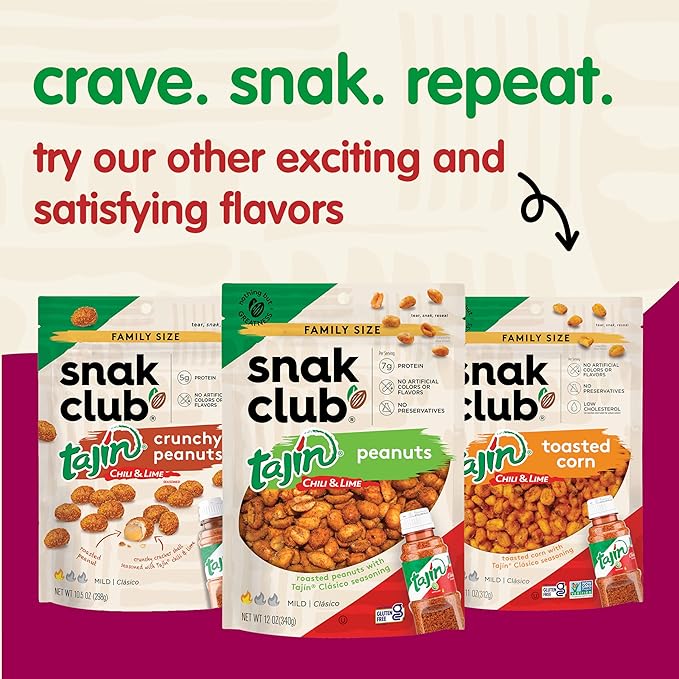 Snak Club Tajin Fiesta Snack Mix, Peanuts, Crunchy Peanuts, Toasted Corn, and Pepitas with Chili and Lime Seasoning, Mild, No Artificial Colors or Flavors, 4 oz Resealable Bags, 6 Pack