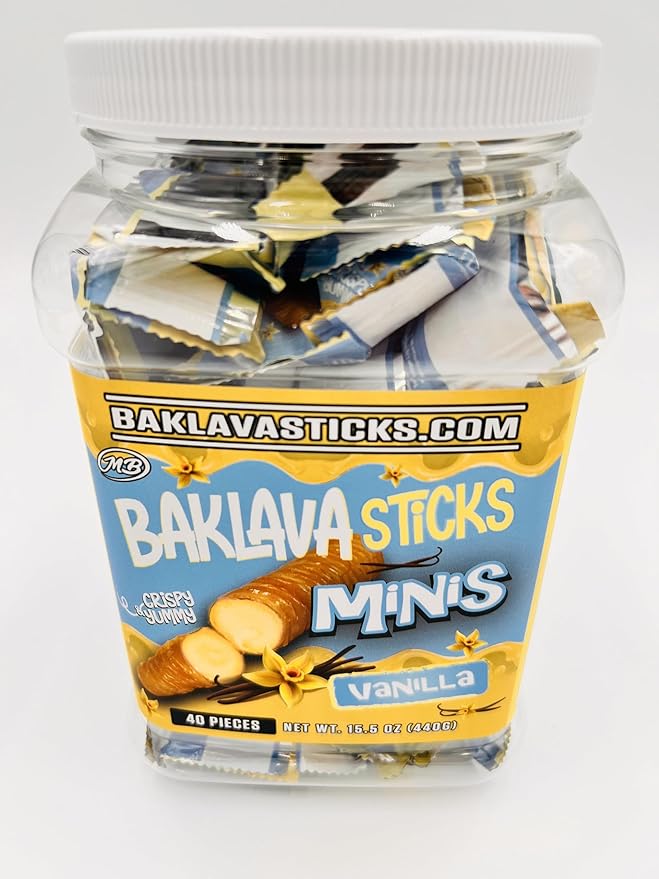 Baklava Sticks Minis, Vanilla Cream Crispy Phyllo Dough, 15.6 oz (40 Pieces) (FULL JAR 40 minis, Vanilla)