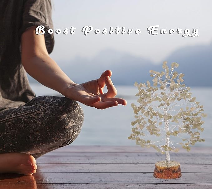 FASHIONZAADI Gemstone Money Tree Reiki Healing Chakra Balancing Handmade Bonsai Trees Spiritual Gift Aura Cleansing Good Luck Home Decor (Green Jade Silver Wire)