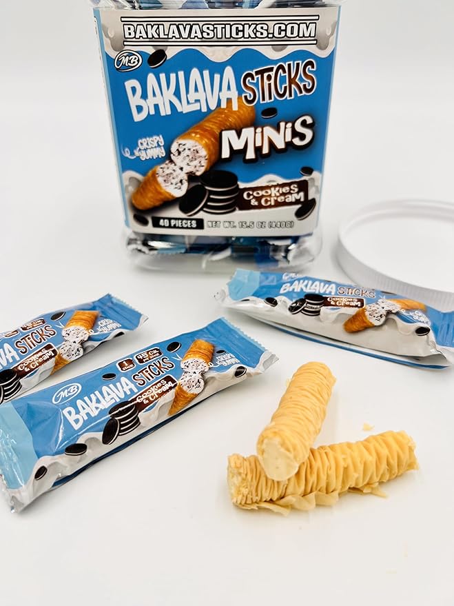 Baklava Sticks Minis, Cookies & Cream Crispy Phyllo Dough, 15.6 oz (40 Pieces) (FULL JAR 40 minis, Cookies & Cream)