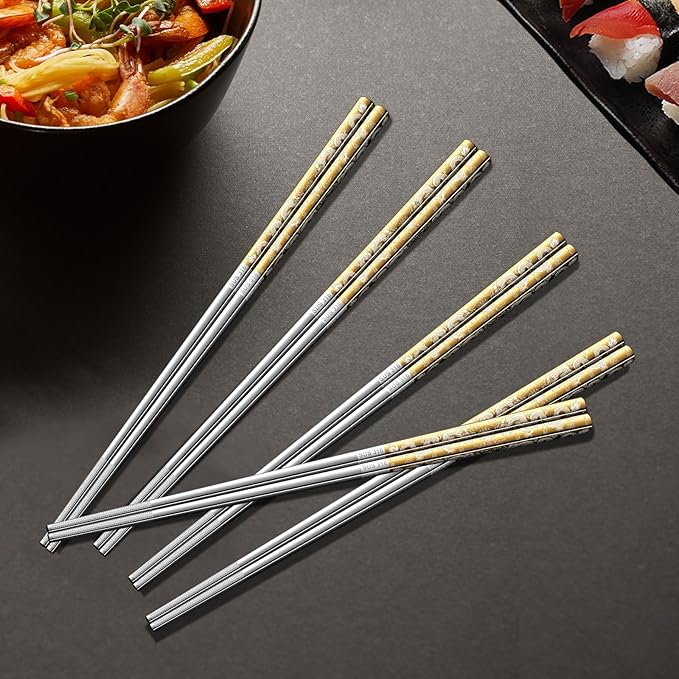 5 Pairs Gold Dragon Chopsticks Set Stainless Steel 316 Gold Plated Reusable Kitchen Dinning Eating Utensils Modern Chop Sticks Dishwasher Safe and Luxury Tableware Gift