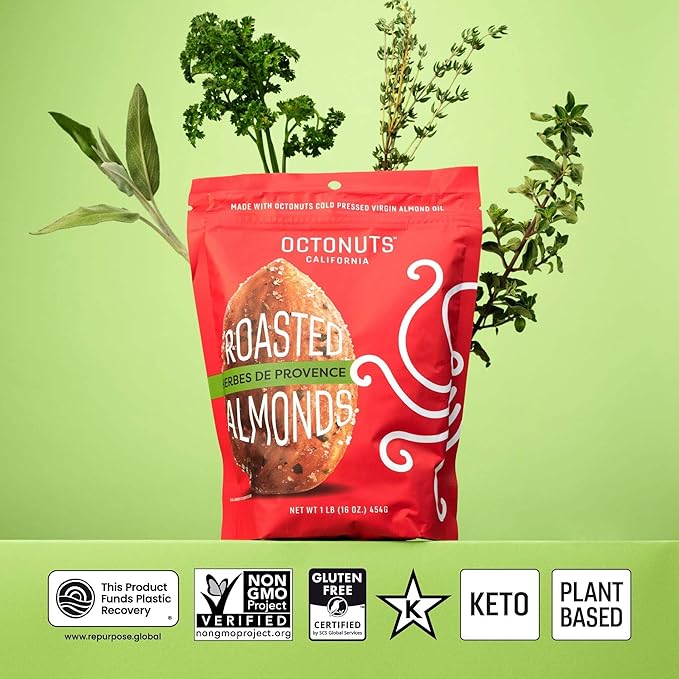 Octonuts Herbes de Provence Almonds 16oz – Dry Roasted California Nuts – French-Inspired Savory Blend – Keto & Paleo Friendly Snack with 6g Protein, 3g Fiber – Low Carb, Gluten-Free, Non-GMO – Resealable Bag