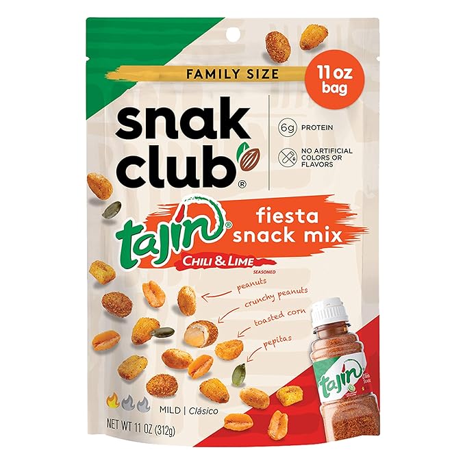 Snak Club Tajin Fiesta Snack Mix, Peanuts, Crunchy Peanuts, Toasted Corn, and Pepitas with Chili and Lime Seasoning, Mild, No Artificial Colors or Flavors, 11 oz Resealable Bag