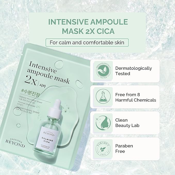 BEYOND Intensive Ampoule Mask 2X Cica with Centella Asiatica for Soothing/Moisturizing Care for Irritated and Sensitive Skin - Hypoallergenic Calming Facial Sheet Masks