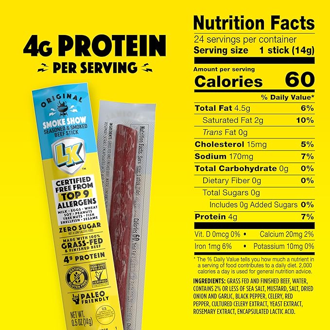 Lorissa's Kitchen Beef Jerky Mini Sticks, Premium Grass Fed & Finished, Original Smoke Show Flavor - 4g Protein, On the Go Snacks, Free from Top 9 Allergens, Non-GMO, Gluten-Free, 0.5 Oz (24 Count)