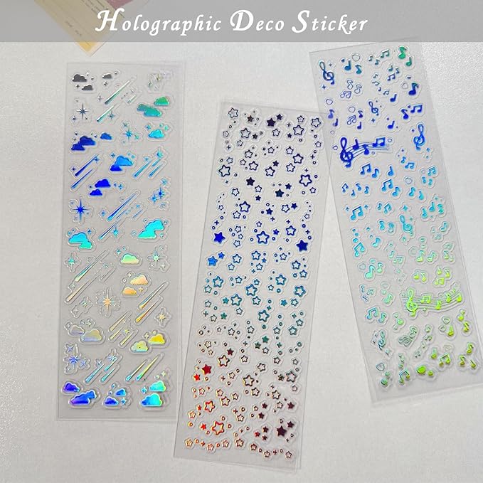 24 Sheets Holographic Kpop Deco Stickers Korean Stickers for Photocards Self Adhesive Clear Glitter Star Moon Butterfly Bubbles Decals for Album Scrapbook Journal Planner for DIY Decoration