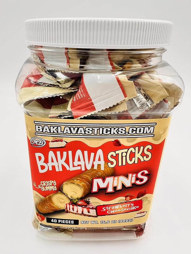 Baklava Sticks Minis, Strawberry Cheesecake Cream Crispy Phyllo Dough, 15.6 oz (40 Pieces) (FULL JAR 40 minis, Strawberry Cheesecake)