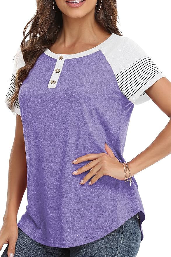 3/4 Sleeve Shirts for Women Crewneck Button Down Tunic Tops Raglan T Shirt