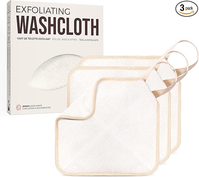 ZOMCHI Exfoliating Washcloth for Face and Body, Dual Function Wash Cloth with Soft and Rough Sides, Exfoliating Scrub Bath Towels, Washcloth with Loop (White, 3 Pack)