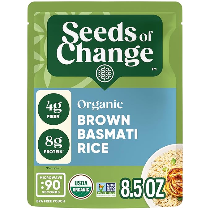 SEEDS OF CHANGE Certified Organic Brown Basmati Rice, Organic Food, 8.5 OZ Pouch (Pack of 12)