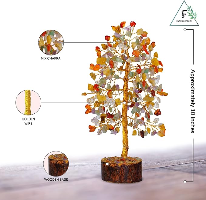 FASHIONZAADI Gemstone Money Tree Reiki Healing Chakra Balancing Handmade Bonsai Trees Spiritual Gift Aura Cleansing Good Luck Home Decor (Mix Chakra Golden Wire)