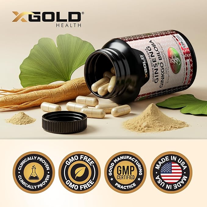Authentic Korean Red Panax Ginseng 1200mg + Ginkgo Biloba 160mg – High Ginsenosides Extra Strength – Energy, Memory, Focus & Brain Health – Vegan Capsules for Men & Women – 120 Count