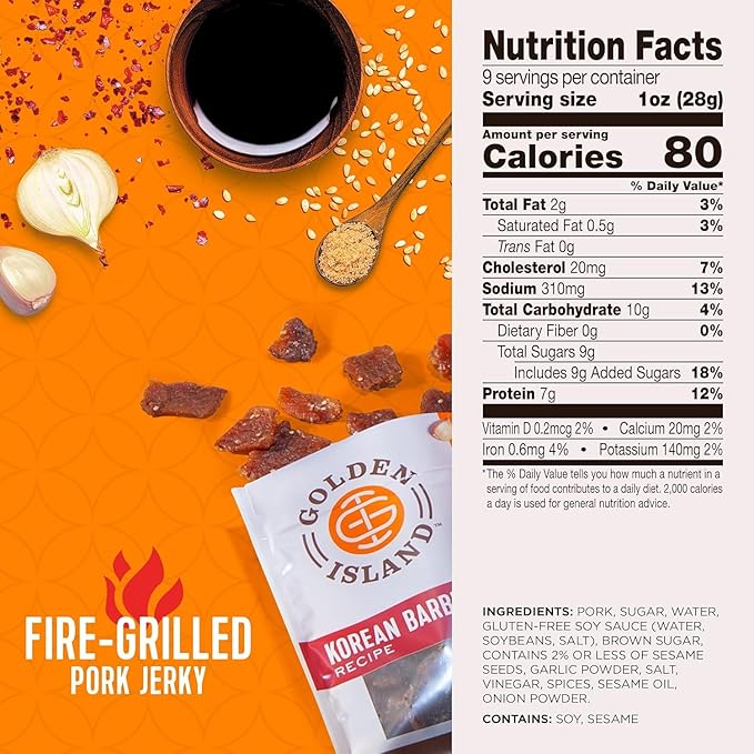 Golden Island Pork Jerky Korean BBQ Flavored, Specialty Meat Snack, Gluten Free with Korean Barbecue Seasoning, Bite Sized Sweet and Savory Protein Snack, 7g of Protein Per Serving, 9 Oz (2 Pack)