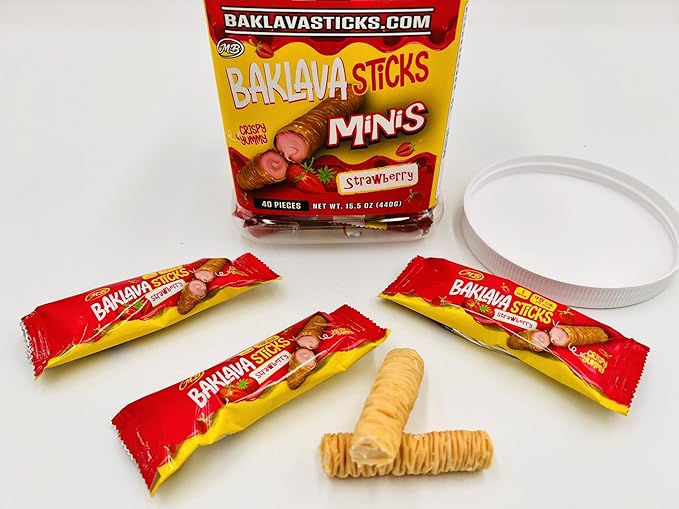 Baklava Sticks Minis, Strawberry Cream Crispy Phyllo Dough, 15.6 oz (40 Pieces) (FULL JAR 40 minis, strawberry)