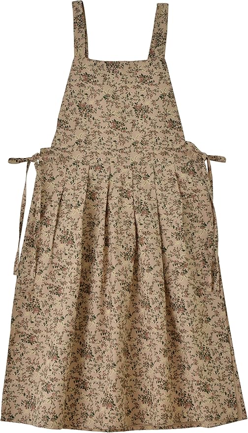 Pinafore Apron Dress，Japanese Cotton Linen Cross Back Apron for Women with Pockets，Pinafore Dress with Waist Ties (Brown flower)