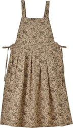 Pinafore Apron Dress，Japanese Cotton Linen Cross Back Apron for Women with Pockets，Pinafore Dress with Waist Ties (Brown flower)