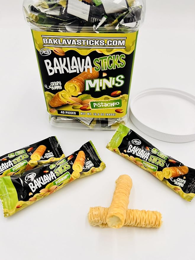 Baklava Sticks Minis, Pistachio Cream Crispy Phyllo Dough, 15.6 oz (40 Pieces) (FULL JAR 40 minis, Pistachio)