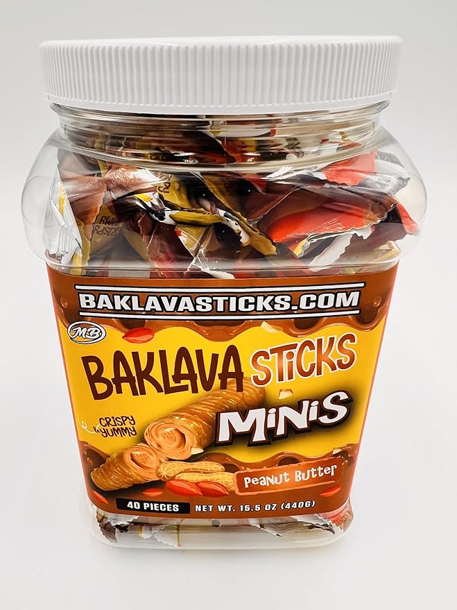 Baklava Sticks Minis, Peanut Butter Cream Crispy Phyllo Dough, 15.6 oz (40 Pieces) (FULL JAR 40 minis, Peanut Butter)