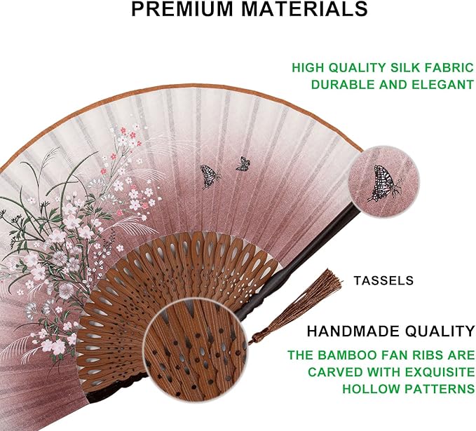 Amajiji 8.27"(21cm) Hand Held Bamboo Silk Folding Fan Hand Fan,Chinese/Japanese Charming Elegant Vintage Retro Style,Women Ladys Girls Best Gifts (Brown Grassflower)