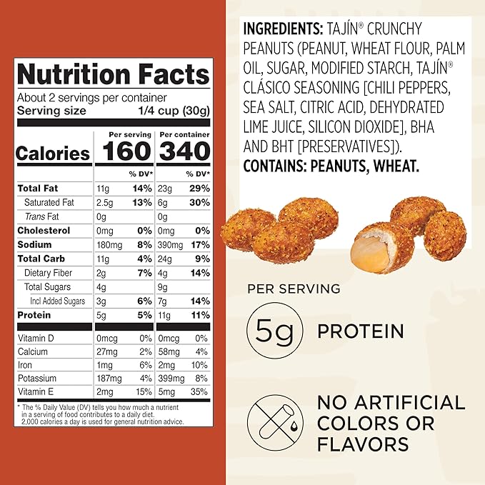 Snak Club Tajin Crunchy Peanuts, Nuts with Chili and Lime Seasoning, Mild, 2.25 oz Snack Bags, 12 Pack