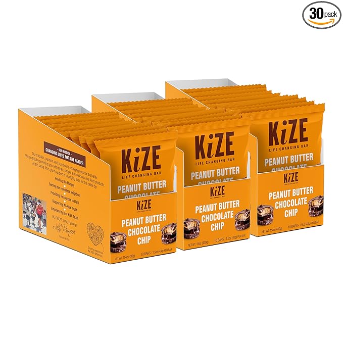 KiZE Energy Bars - Gluten Free, Dairy Free, Non-GMO, and High Protein Meal Replacement Energy Bars, Clean & Simple Food Ingredients - Peanut Butter Chocolate Chip, 10g High Protein Snacks, (30 Count)