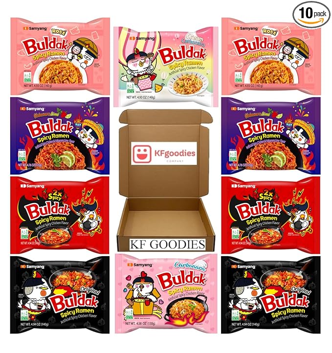 Samyang Buldak Hot Spicy Chicken Ramen Noodle Korean Stir-Fried Ramen (10 Pack, 2X Spicy (2), Carbonara, Cream Carbonara, Habanero Lime (2), Original (2), Rose (2))