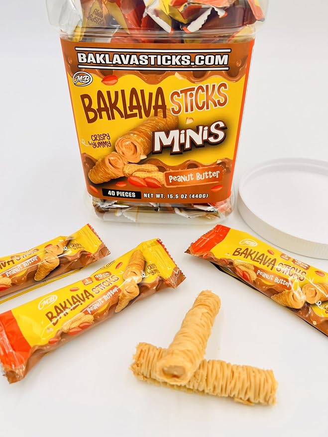 Baklava Sticks Minis, Peanut Butter Cream Crispy Phyllo Dough, 15.6 oz (40 Pieces) (FULL JAR 40 minis, Peanut Butter)