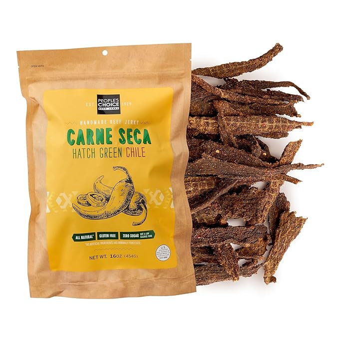 People’s Choice Beef Jerky – Carne Seca – Hatch Green Chile – 13g Protein – Sugar Free, Zero Carb, Keto Friendly – Dry Texture – Made in USA – 1 Pound (16 oz) Bag