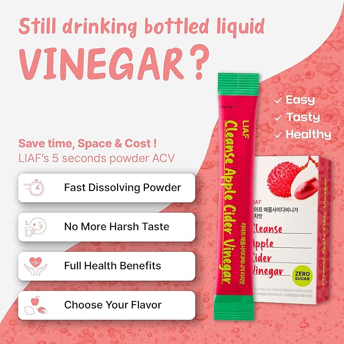 LIAF Apple Cider Vinegar Powder Loaded Tea Packets | Korean Fermented ACV with Mother | Travel Size Instant Dissolving Drink Mix | Sugar Free Energy Boost | Lychee Flavor 10 Count
