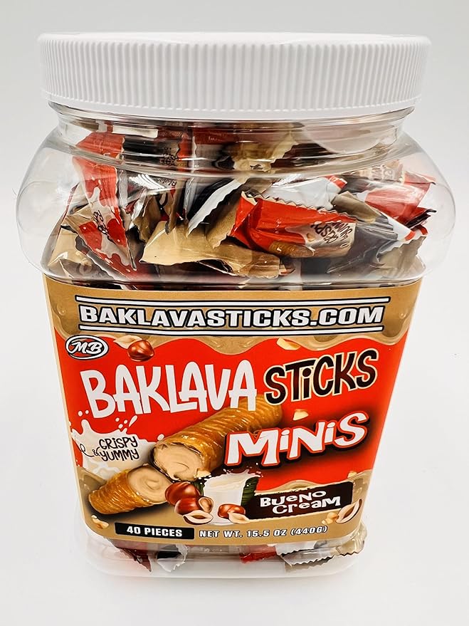 Baklava Sticks Minis, Bueno Cream Crispy Phyllo Dough, 15.6 oz (40 Pieces) (FULL JAR 40 minis, Bueno)
