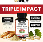 Authentic Korean Red Panax Ginseng 1200mg + Ginkgo Biloba 160mg – High Ginsenosides Extra Strength – Energy, Memory, Focus & Brain Health – Vegan Capsules for Men & Women – 120 Count
