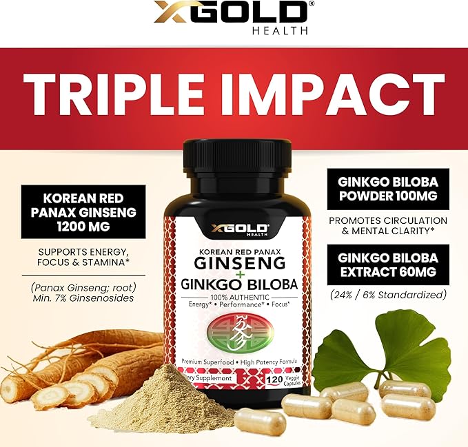 Authentic Korean Red Panax Ginseng 1200mg + Ginkgo Biloba 160mg – High Ginsenosides Extra Strength – Energy, Memory, Focus & Brain Health – Vegan Capsules for Men & Women – 120 Count