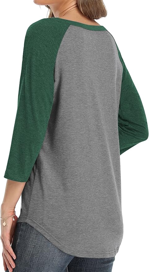 3/4 Sleeve Shirts for Women Crewneck Button Down Tunic Tops Raglan T Shirt