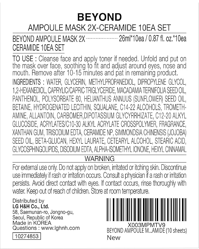 BEYOND Intensive Ampoule Mask 2X Ceramide for Hydrating and Moisturizing Care for Dry and Sensitive Skin - Hypoallergenic Facial Sheet Masks for Intensive Skin Hydration (25ml/0.85fl oz* 10 sheets)