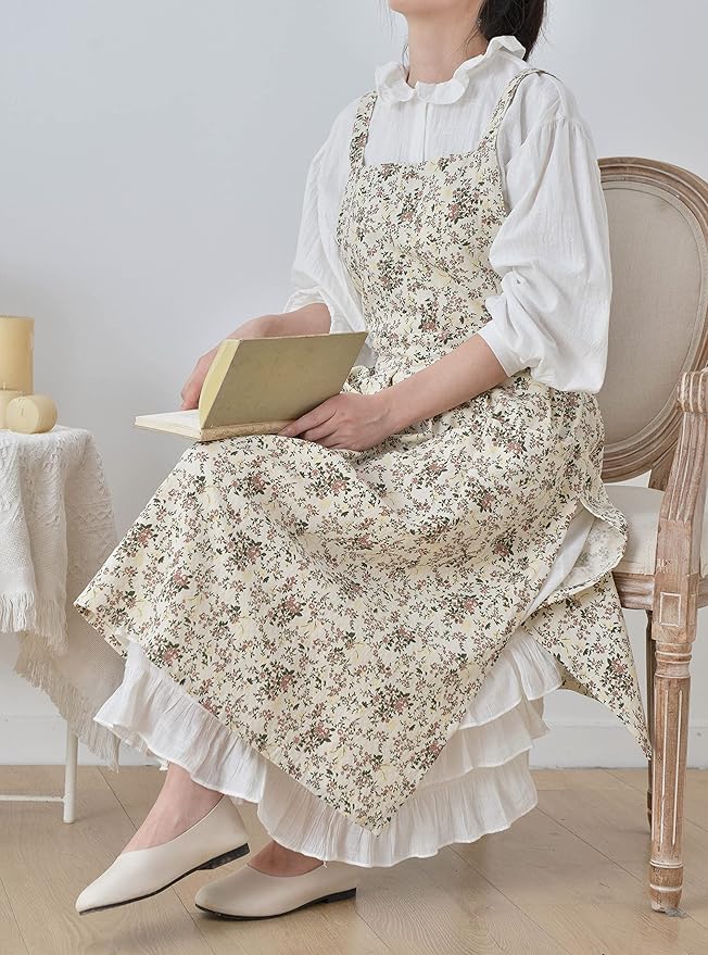 Pinafore Apron Dress，Japanese Cotton Linen Cross Back Apron for Women with Pockets，Pinafore Dress with Waist Ties (White flower)