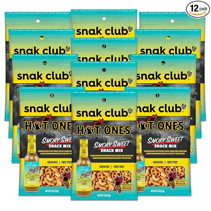 Snak Club x Hot Ones Smoky Sweet Snack Mix, Spicy Snacks with Peanuts, Pretzels, Sesame Sticks, Toasted Corn & Cashews, Inspired by Hot Ones Hot Sauce, 2 oz Bag (12 Count)