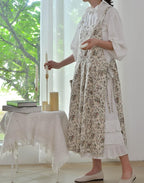Pinafore Apron Dress，Japanese Cotton Linen Cross Back Apron for Women with Pockets，Pinafore Dress with Waist Ties (White flower)