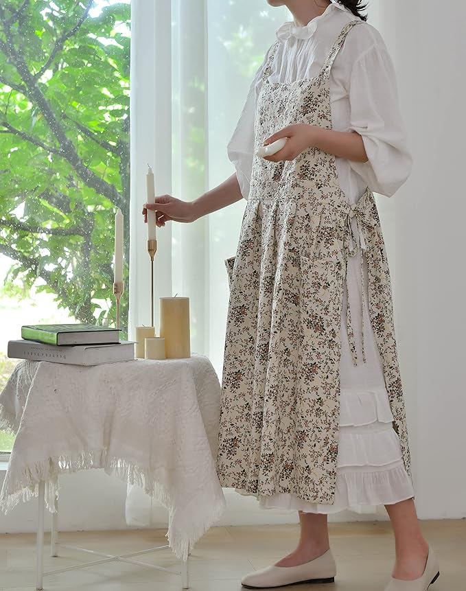 Pinafore Apron Dress，Japanese Cotton Linen Cross Back Apron for Women with Pockets，Pinafore Dress with Waist Ties (White flower)