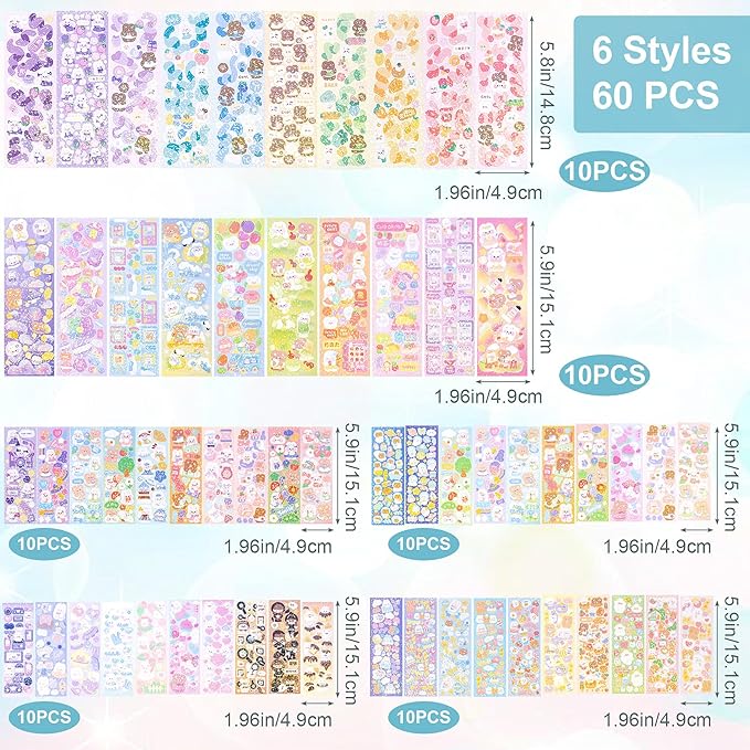 60 Sheets Korean Stickers Kpop Deco Stickers for Photocard Self Adhesive Colorful Stickers Cute Korean Stickers with Rabbit Bear Flower Cake for DIY Arts Craft Cards Scrapbooking Valentine Gift