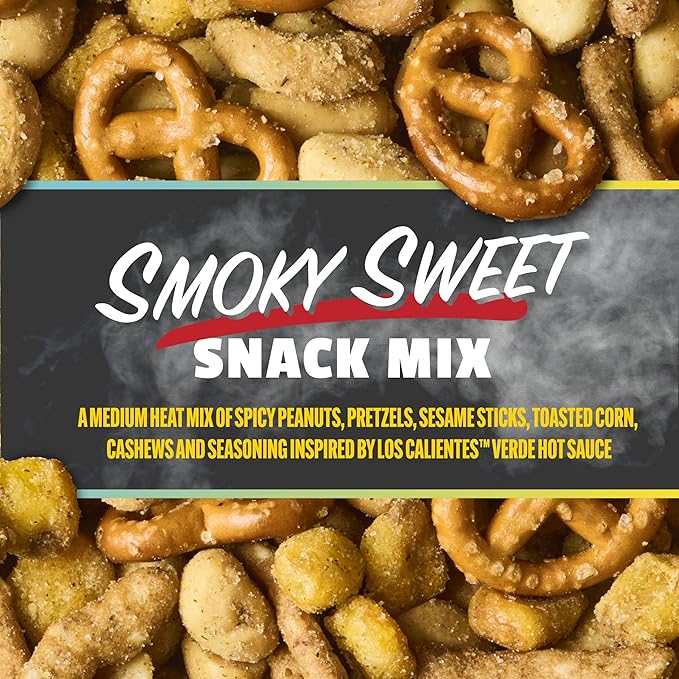 Snak Club x Hot Ones Smoky Sweet Snack Mix, Spicy Snacks with Peanuts, Pretzels, Sesame Sticks, Toasted Corn & Cashews, Inspired by Hot Ones Hot Sauce, 4.5 oz Resealable Bag (6 Count)