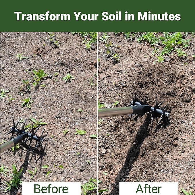 66in Rotary Cultivator with Tempered Spring Steel Tines and Adjustable Stainless Steel Handle Manual Garden Tiller Tool for Loosening Soil Mixing Fertilizer