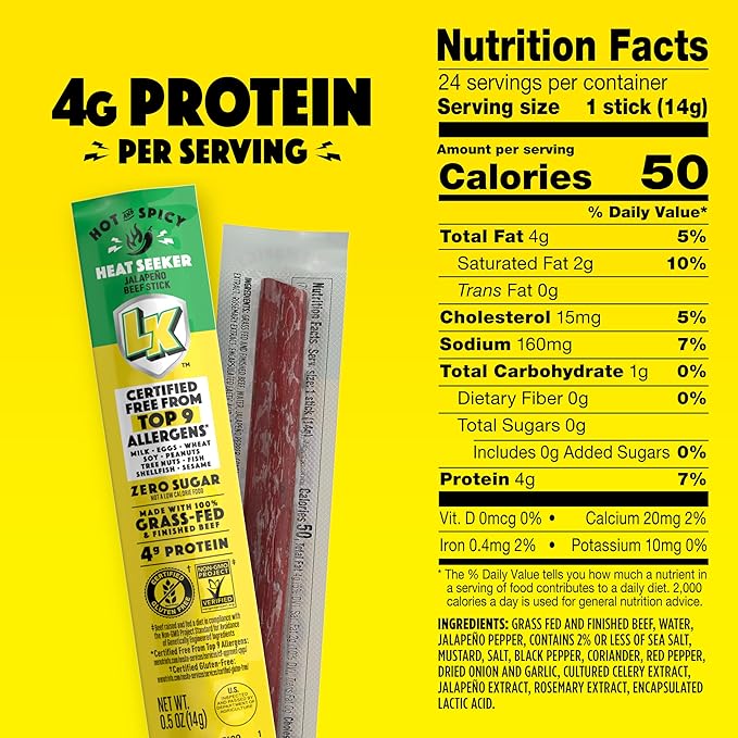 Lorissa's Kitchen Beef Jerky Mini Sticks, Premium Grass Fed & Finished, Original Jalapeño Flavor - 4g Protein, On the Go Snacks, Free from Top 9 Allergens, Non-GMO, Gluten-Free, 0.5 Oz (24 Count)
