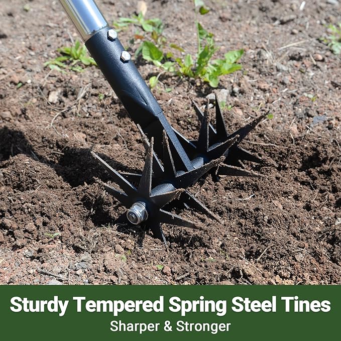 66in Rotary Cultivator with Tempered Spring Steel Tines and Adjustable Stainless Steel Handle Manual Garden Tiller Tool for Loosening Soil Mixing Fertilizer