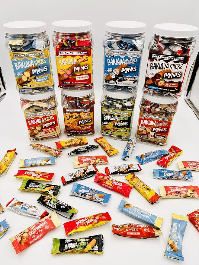 Baklava Sticks Minis, Peanut Butter Cream Crispy Phyllo Dough, 15.6 oz (40 Pieces) (FULL JAR 40 minis, Peanut Butter)