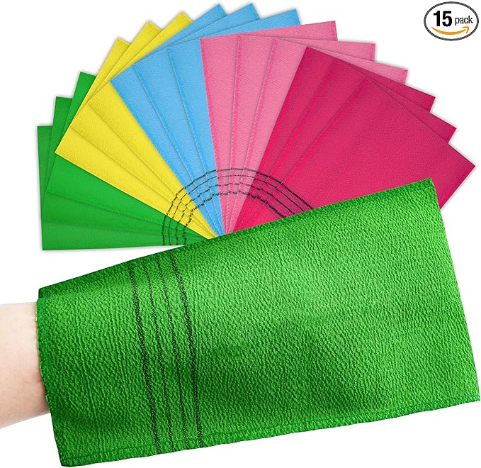 15 Pcs Korean Exfoliating Mitt, 9*5.5 in Gentle Exfoliating Korean Scrub Mitt, Large Korean Washcloth Exfoliating, Colorful Korean Body Scrubber for Cleaning Skin, Reducing Dirt and Grease (5 Colors)