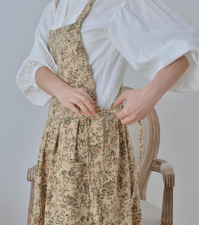 Pinafore Apron Dress，Japanese Cotton Linen Cross Back Apron for Women with Pockets，Pinafore Dress with Waist Ties (Brown flower)