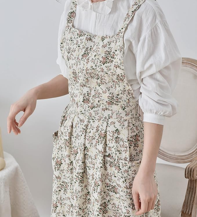 Pinafore Apron Dress，Japanese Cotton Linen Cross Back Apron for Women with Pockets，Pinafore Dress with Waist Ties (White flower)