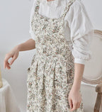 Pinafore Apron Dress，Japanese Cotton Linen Cross Back Apron for Women with Pockets，Pinafore Dress with Waist Ties (White flower)