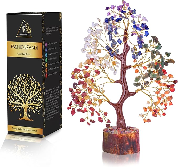 FASHIONZAADI 7 Chakra Tree - Crystal Bonsai Tree - Spiritual Decor - Spiritual Gemstones - Sculptures Home Decor - Crystal Gifts - Gemstone Tree - Tree of Life Decor - Desk Decorations