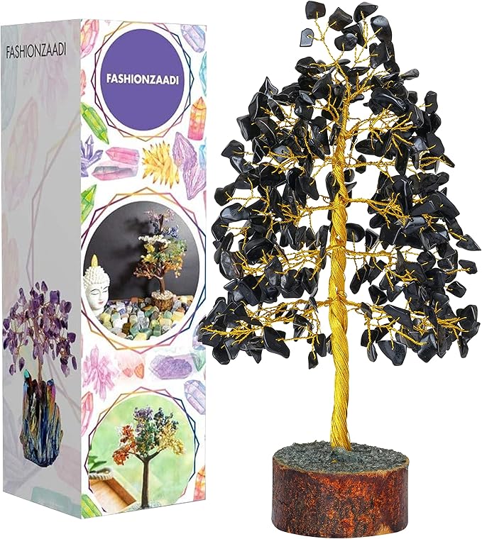 FASHIONZAADI Black Tourmaline Gemstone Tree - Feng Shui Money Bonsai Tree for Home Decor - Black Tourmaline Crystal Spiritual Gift - Good Energy Chakra Stone 10 Inch - Good Luck Stones and Crystals